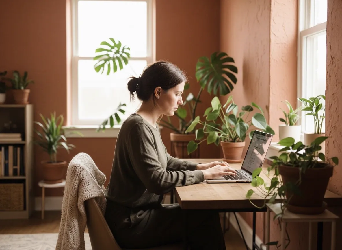 Une professionnelle travaille sur son ordinateur portable dans un bureau lumineux