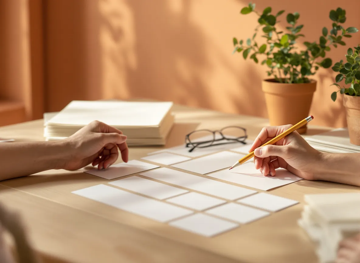Des fiches vierges alignées sur un bureau en bois clair, annotées une à une au crayon