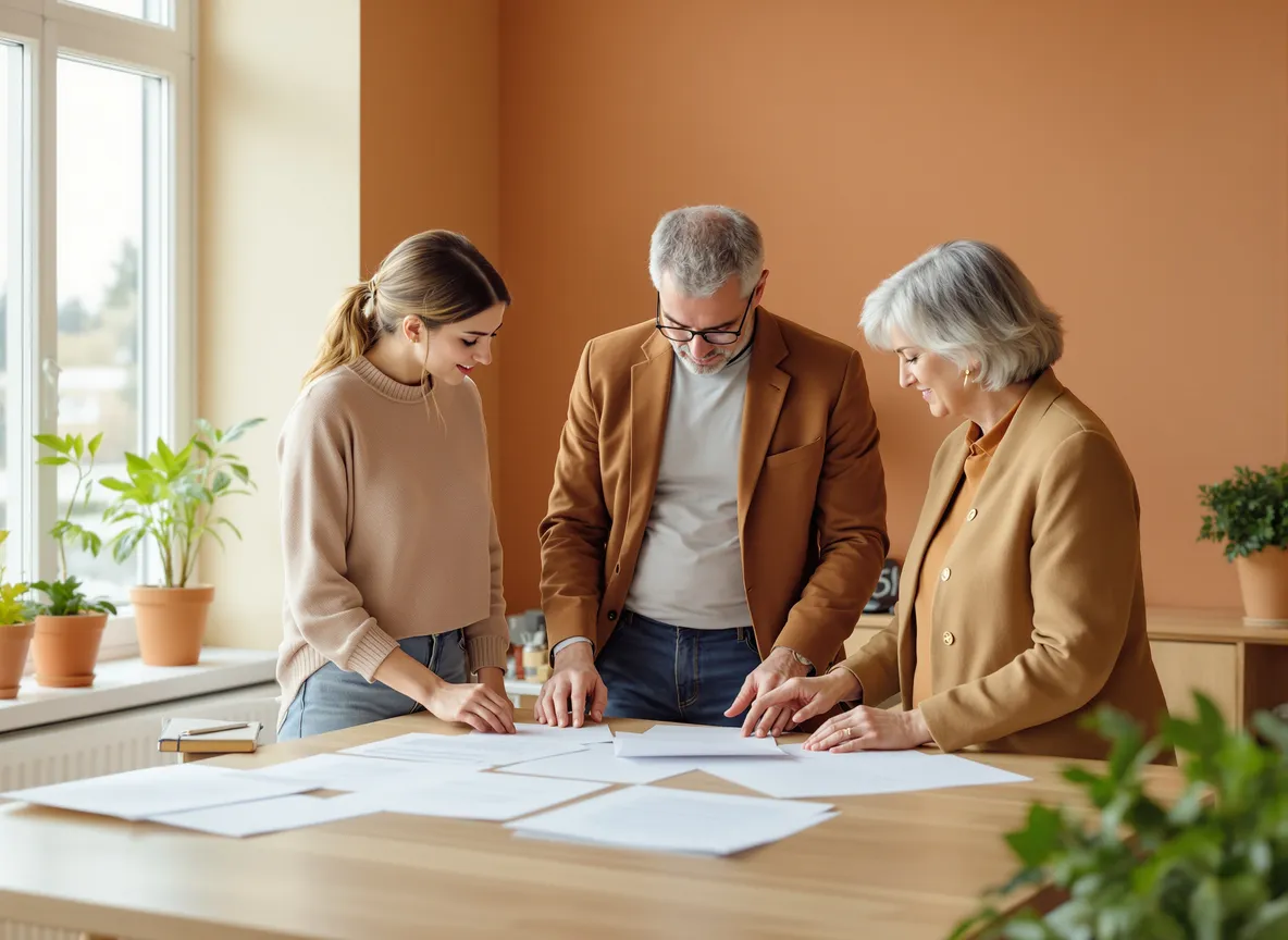 Trois professionnels d’expérience différente examinent ensemble des documents posés sur une table en bois clair