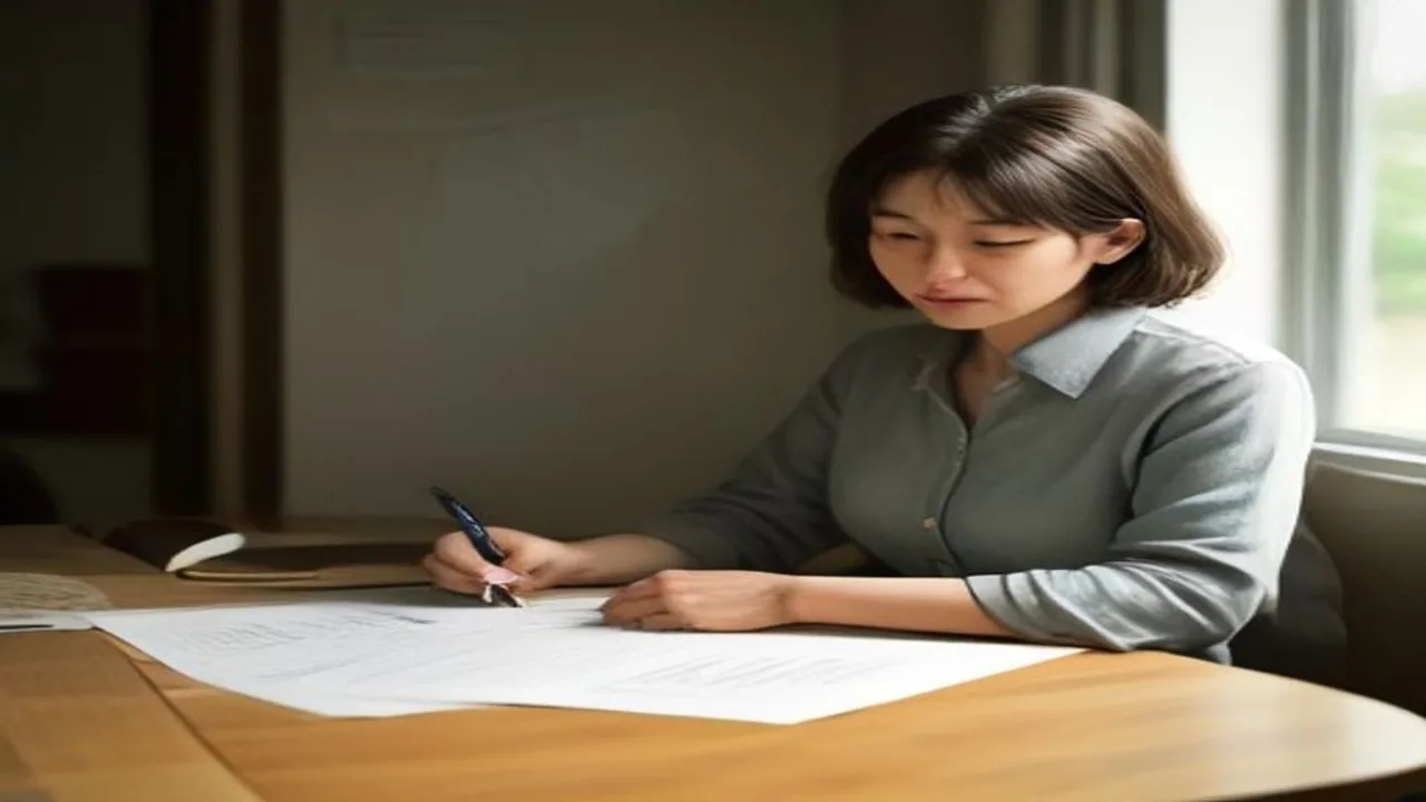 Une dirigeante annote au stylo une proposition commerciale étalée sur la table de son bureau, à la lumière d’une fenêtre
