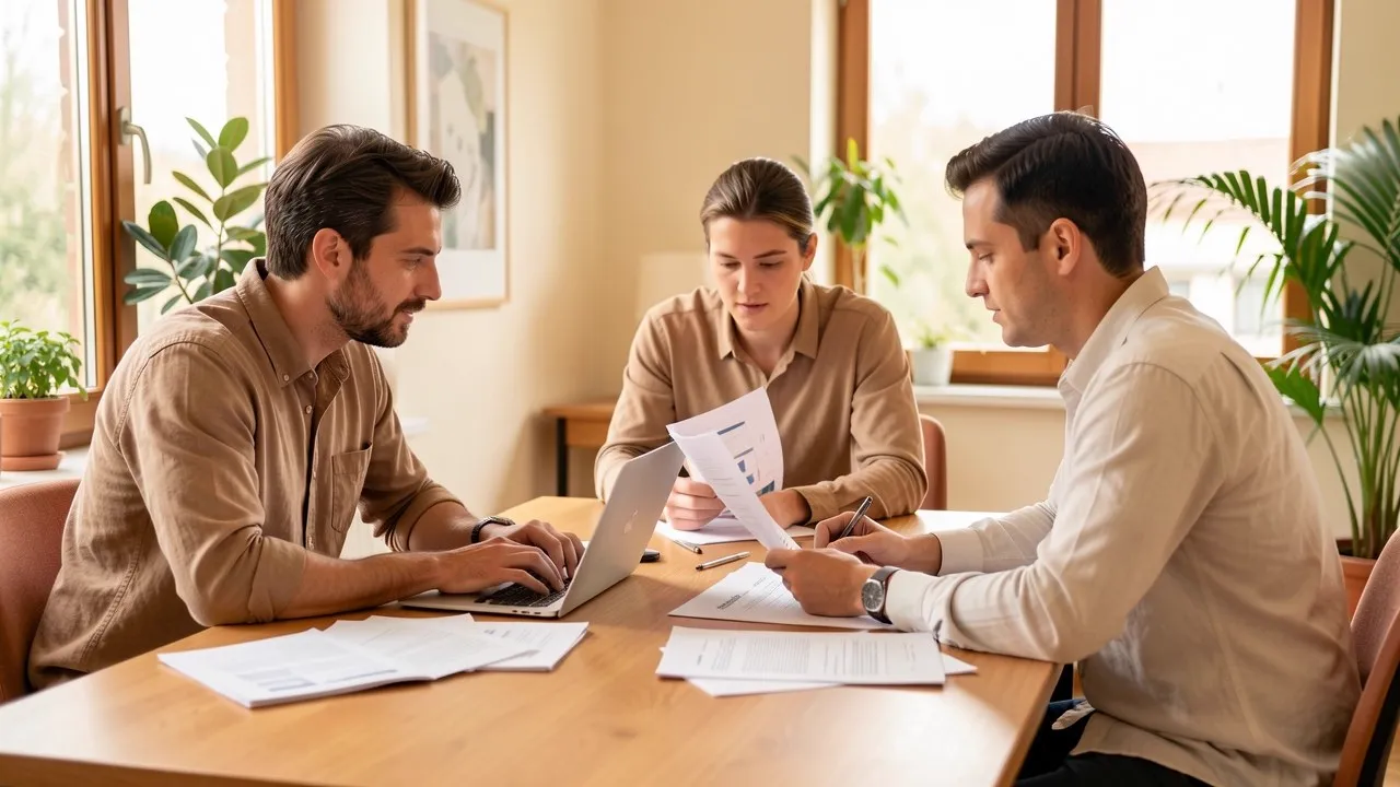 Trois collaborateurs d’une PME comparent des propositions de prestataires autour d’une table