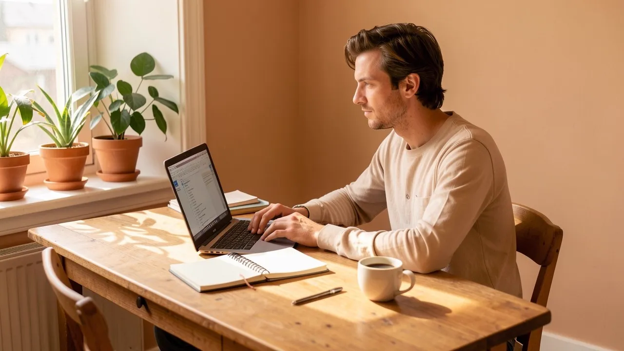 Un développeur indépendant travaille seul à son bureau, ordinateur portable et carnet ouverts